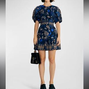 Farm Rio Macaw Forest Cotton Blend Puff Sleeve Round Neck Belted Mini Dress